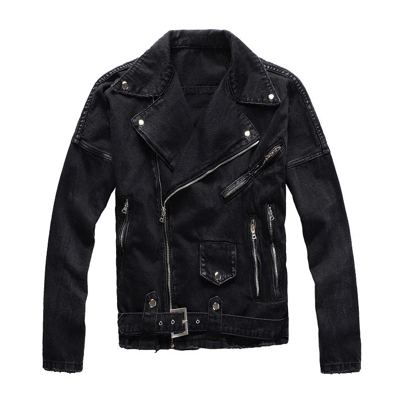 Sokotoo Men's zippers black biker jean jacket Streetwear thick denim slim coat with belt High quality
