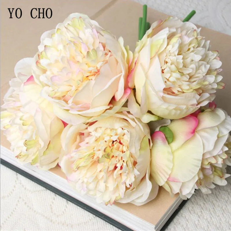 YO CHO 5pc Big Peony Artifcial Silk Flower Wedding Bouquet Decor White Peony Home Display Fake Flower Pack Heart Peony Pink Rose
