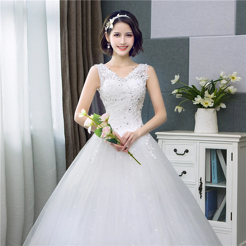 Cheap Korean Style V-Neck Lace Tank Sleeveless Floral Print Ball Gown Ivory Wedding Dress 2023 New Simple estidos de noivas