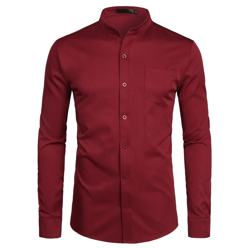 Men's Royal Blue Dress Shirts 2022 Brand Banded Mandarin Collar Shirt Male Long Sleeve Casual Button Down Shirt with Pocket 2XL