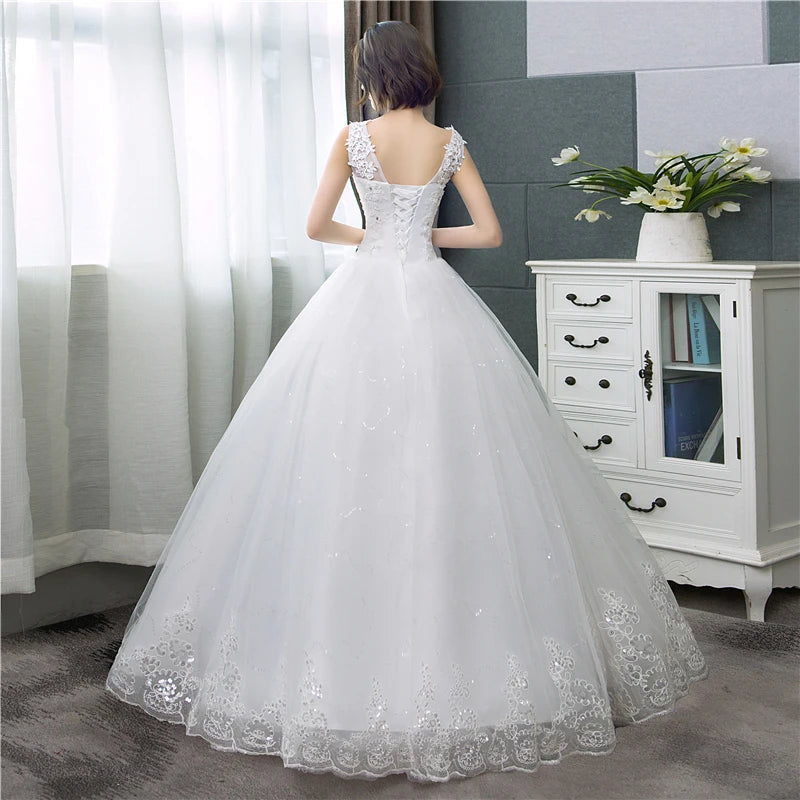 Cheap Korean Style V-Neck Lace Tank Sleeveless Floral Print Ball Gown Ivory Wedding Dress 2023 New Simple estidos de noivas