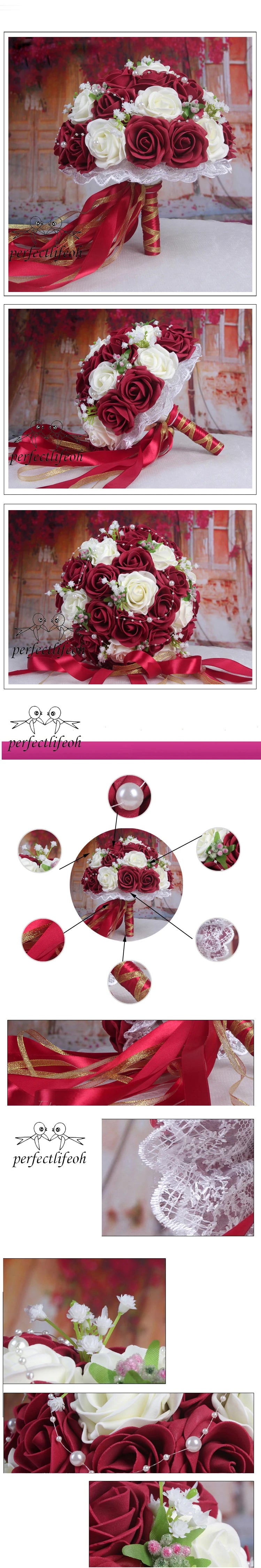Perfectlifeoh Burgundy Wedding Bouquet Pink/Red/White/Royal Blue Bridal Bridesmaid Artificial Flower Rose Bride