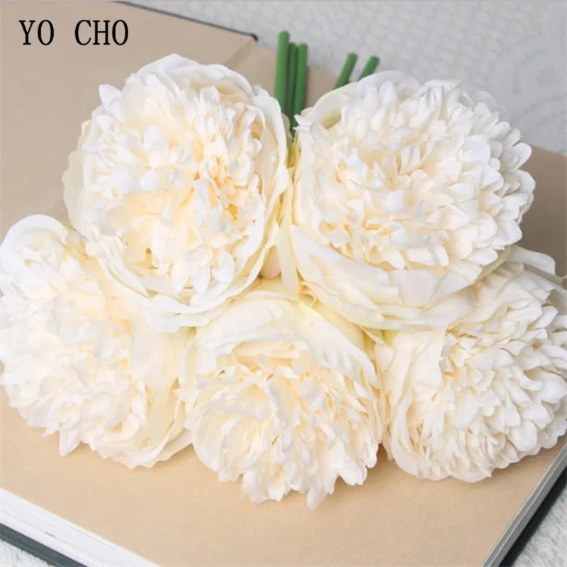 YO CHO 5pc Big Peony Artifcial Silk Flower Wedding Bouquet Decor White Peony Home Display Fake Flower Pack Heart Peony Pink Rose