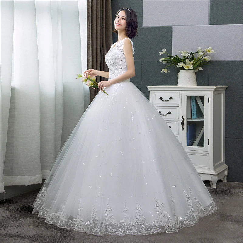 Cheap Korean Style V-Neck Lace Tank Sleeveless Floral Print Ball Gown Ivory Wedding Dress 2023 New Simple estidos de noivas