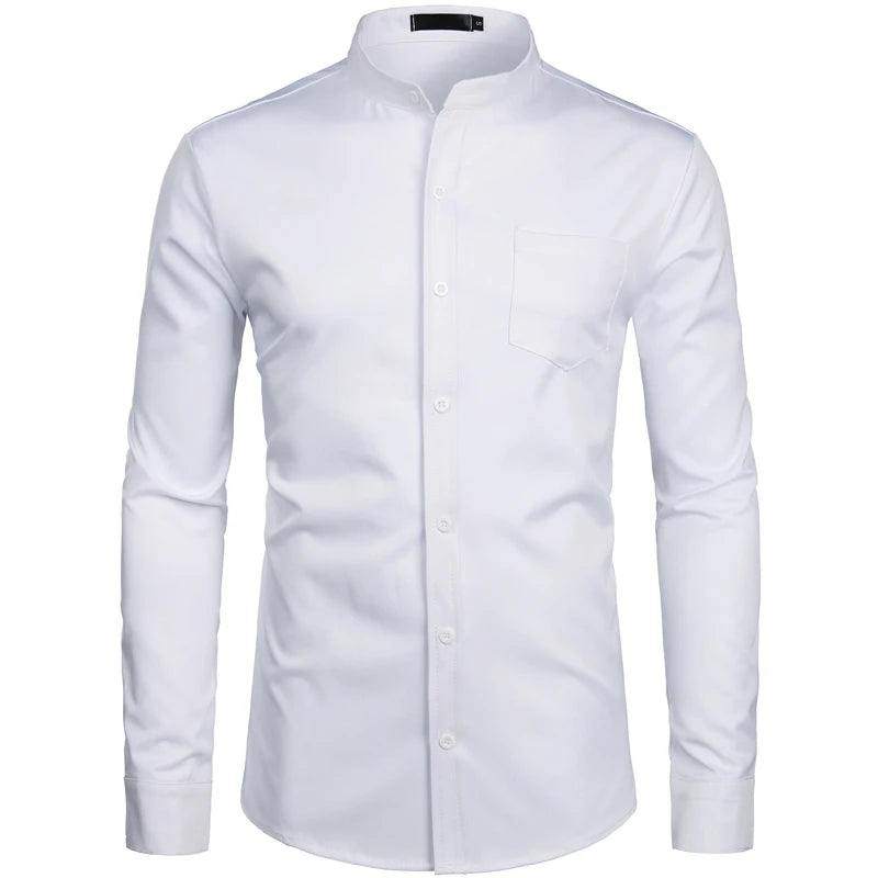 Men's Royal Blue Dress Shirts 2022 Brand Banded Mandarin Collar Shirt Male Long Sleeve Casual Button Down Shirt with Pocket 2XL