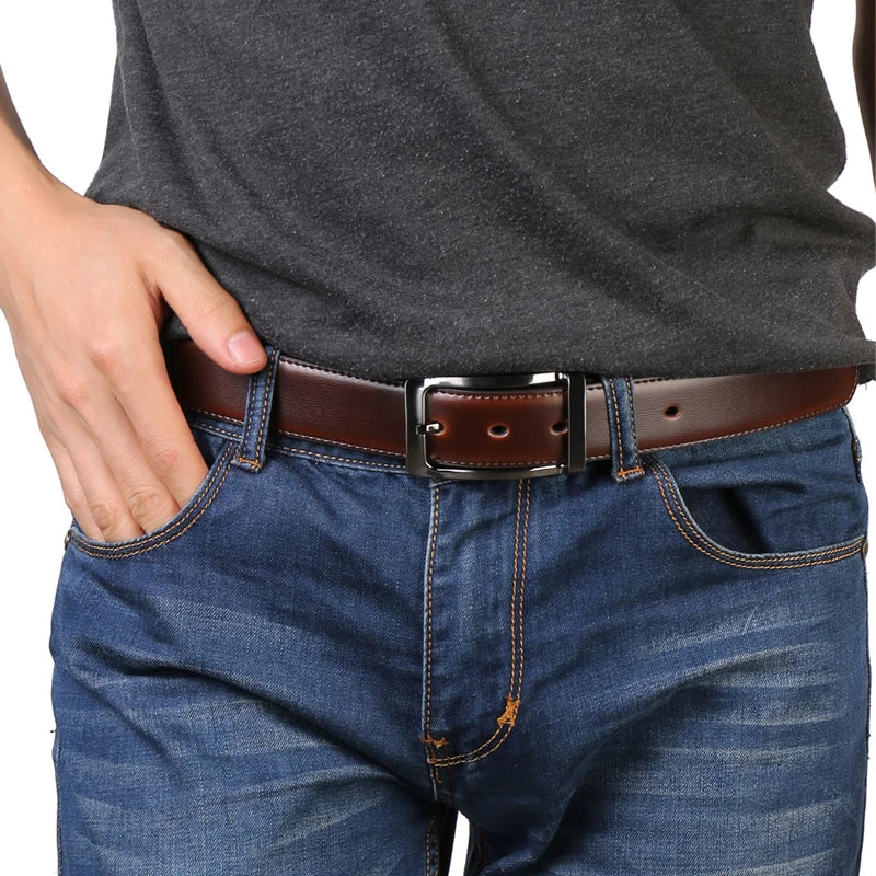 1Pcs Men's Genuine Leather Reversible Belt Rotated Buckle Two In One Big And Tall