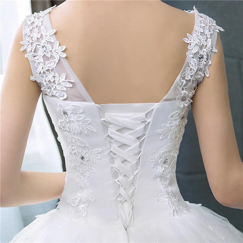 Cheap Korean Style V-Neck Lace Tank Sleeveless Floral Print Ball Gown Ivory Wedding Dress 2023 New Simple estidos de noivas