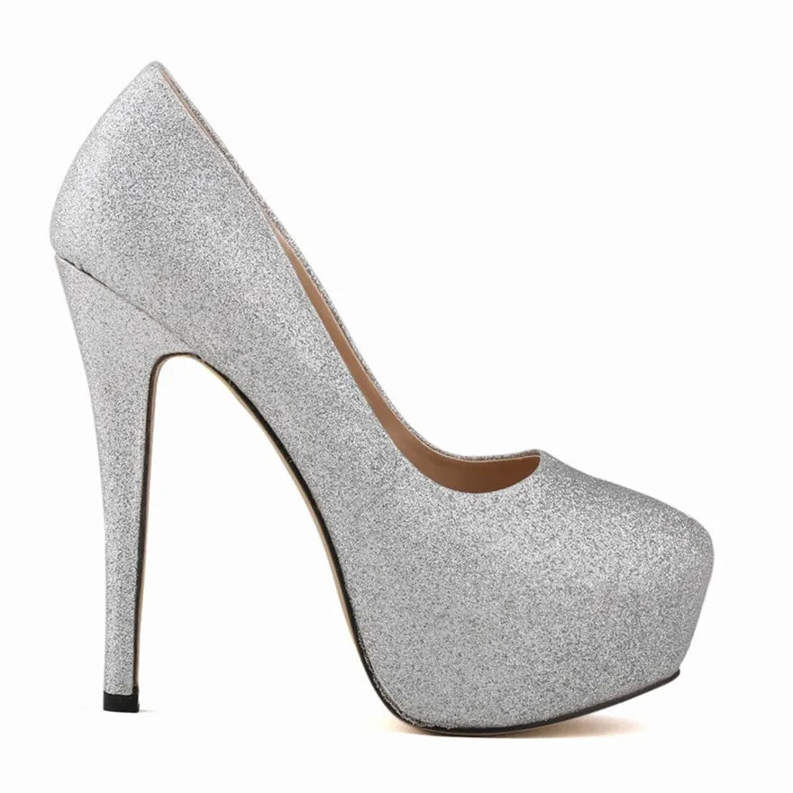 New Fashion High Platform Shallow Women Wedding Shoes Solid Sequined Cloth Round Toe Elegant High Heels Shoes Women's Size 35-42