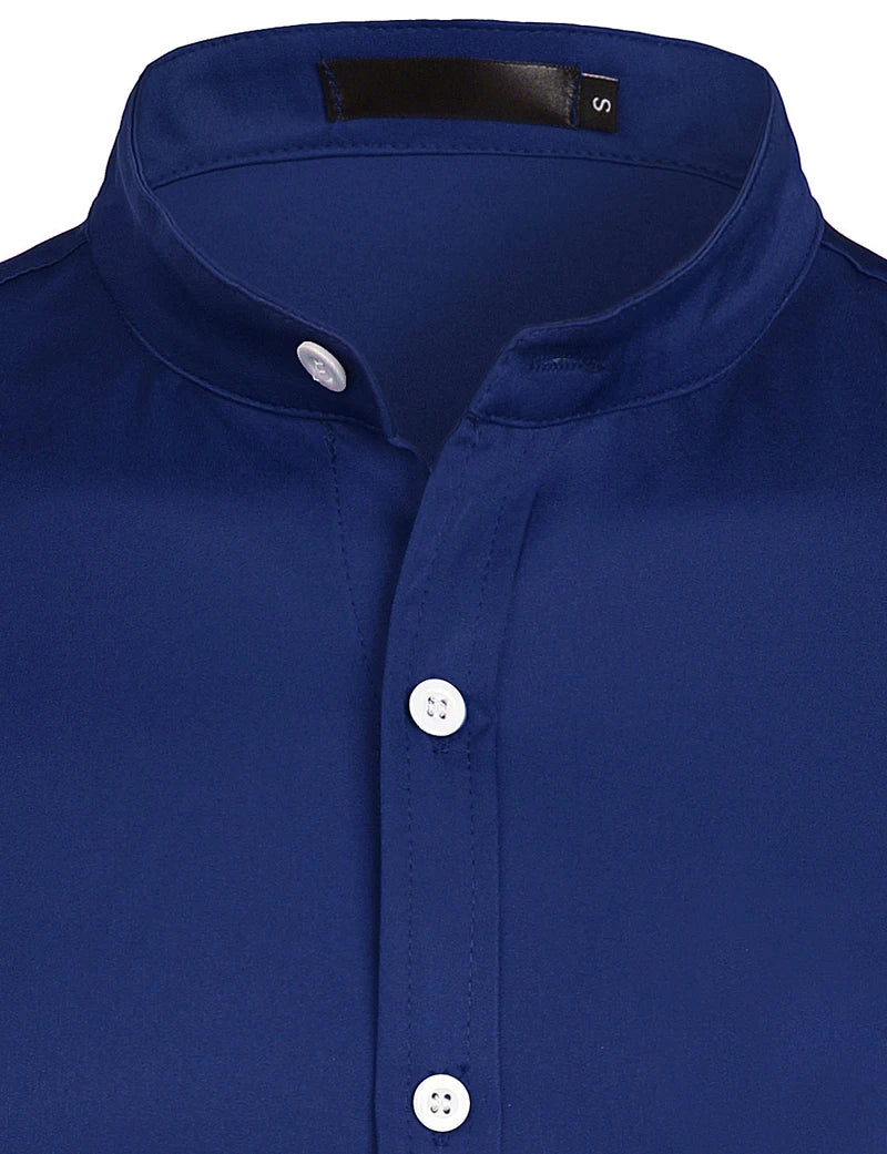 Men's Royal Blue Dress Shirts 2022 Brand Banded Mandarin Collar Shirt Male Long Sleeve Casual Button Down Shirt with Pocket 2XL