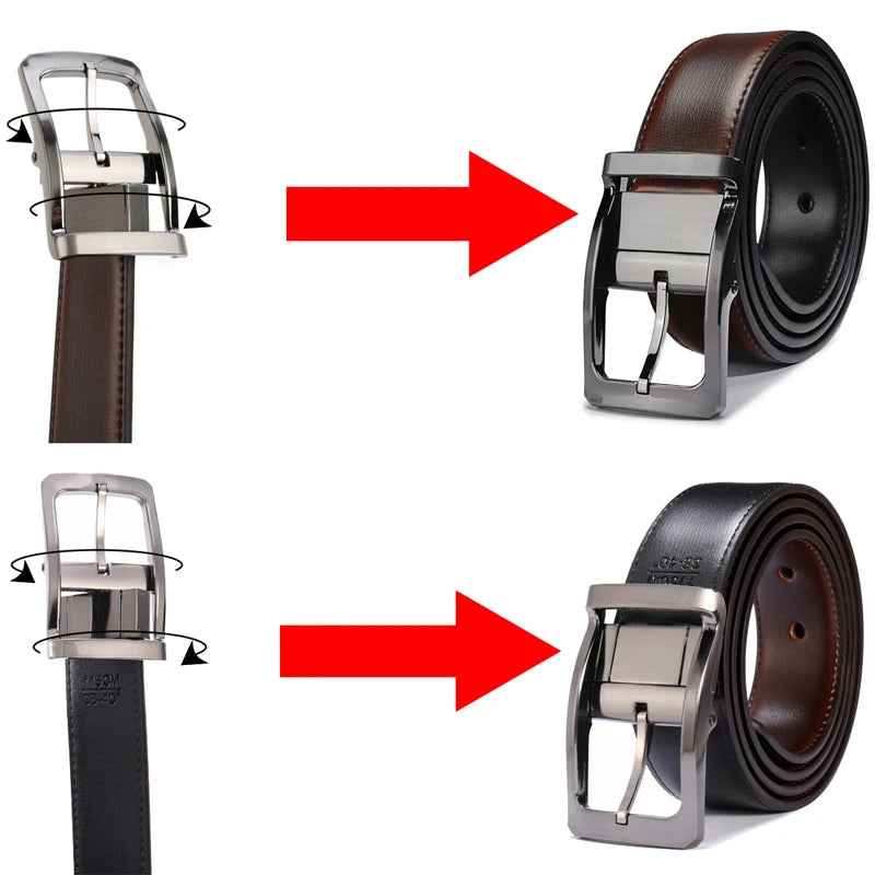 1Pcs Men's Genuine Leather Reversible Belt Rotated Buckle Two In One Big And Tall