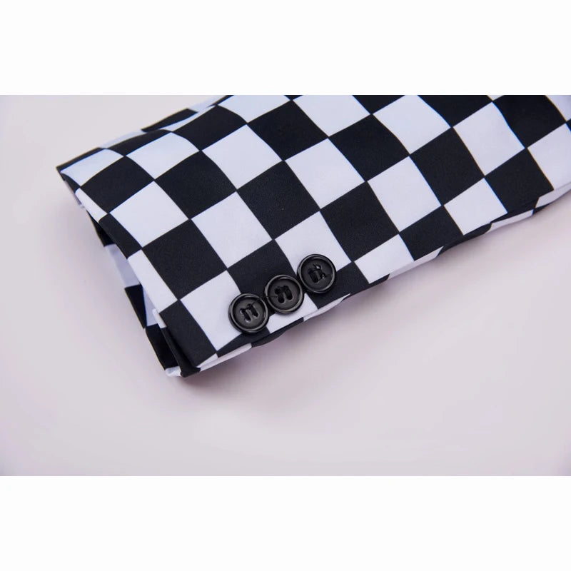 SHENRUN Fashion Suit Men Black White Plaid Print 2 Pieces Set Latest Coat Pant Designs Wedding Stage Singer Slim Fit Costume