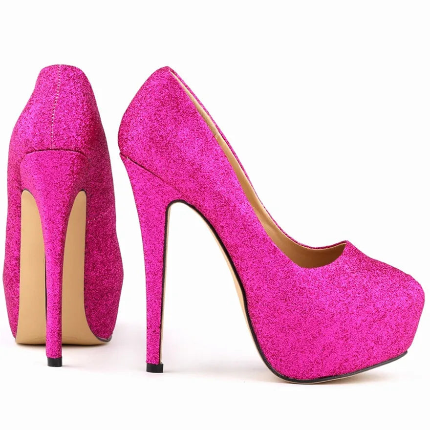 New Fashion High Platform Shallow Women Wedding Shoes Solid Sequined Cloth Round Toe Elegant High Heels Shoes Women's Size 35-42