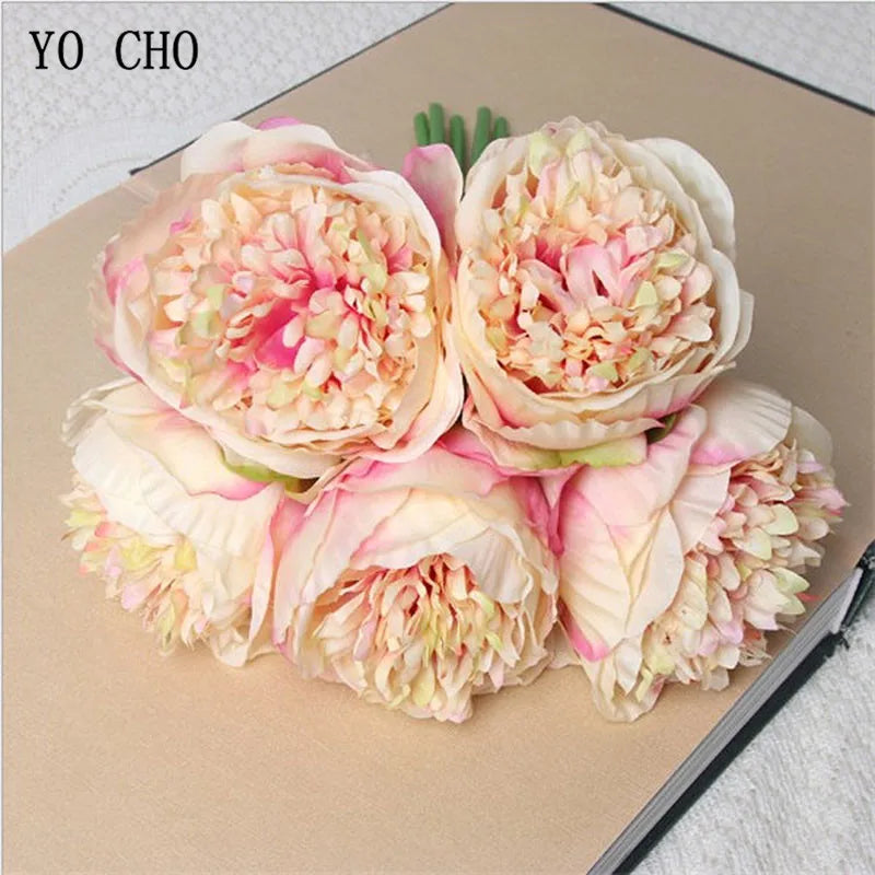 YO CHO 5pc Big Peony Artifcial Silk Flower Wedding Bouquet Decor White Peony Home Display Fake Flower Pack Heart Peony Pink Rose
