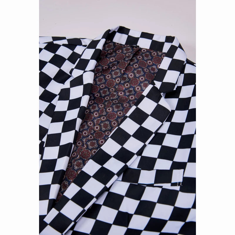 SHENRUN Fashion Suit Men Black White Plaid Print 2 Pieces Set Latest Coat Pant Designs Wedding Stage Singer Slim Fit Costume