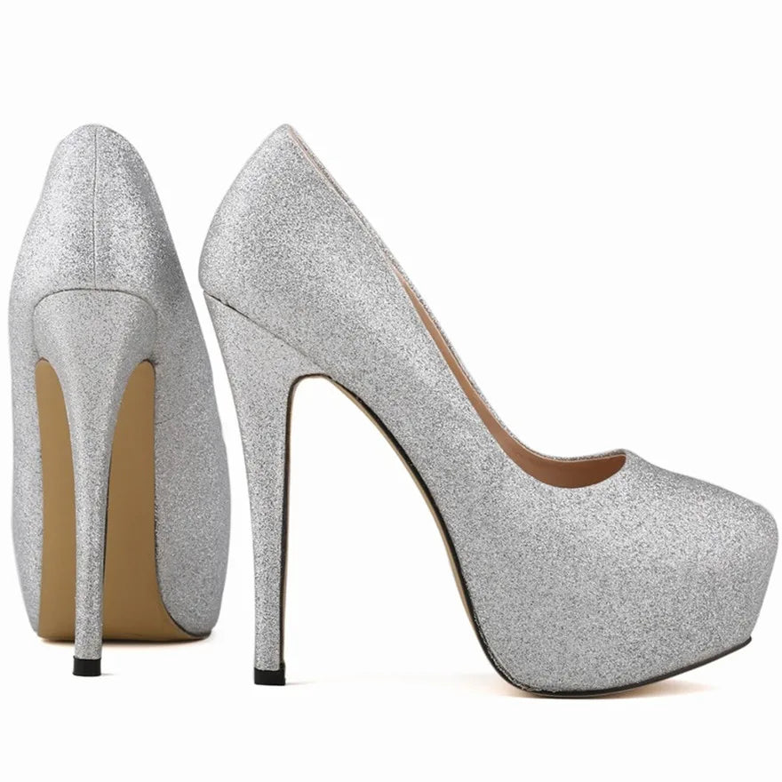 New Fashion High Platform Shallow Women Wedding Shoes Solid Sequined Cloth Round Toe Elegant High Heels Shoes Women's Size 35-42