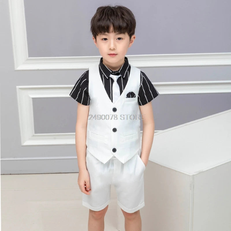 2021 Boys Formal Suits Summer Short Sleeve Blazer+Shorts 2pcs Children Kids Wedding Clothing Sets Prom Performance Costumes