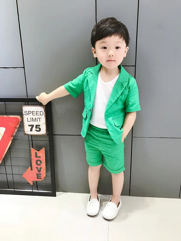 2021 Boys Formal Suits Summer Short Sleeve Blazer+Shorts 2pcs Children Kids Wedding Clothing Sets Prom Performance Costumes