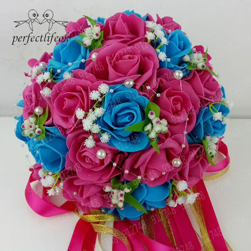 Perfectlifeoh Burgundy Wedding Bouquet Pink/Red/White/Royal Blue Bridal Bridesmaid Artificial Flower Rose Bride