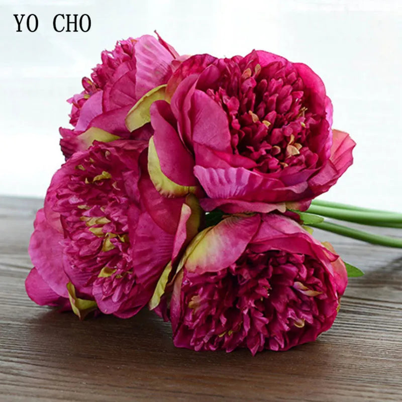 YO CHO 5pc Big Peony Artifcial Silk Flower Wedding Bouquet Decor White Peony Home Display Fake Flower Pack Heart Peony Pink Rose