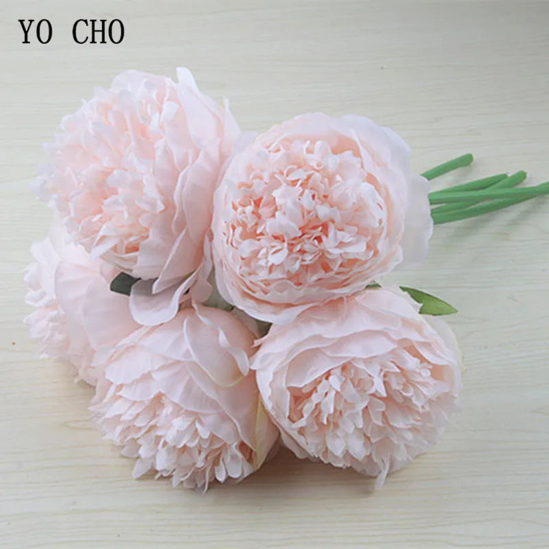 YO CHO 5pc Big Peony Artifcial Silk Flower Wedding Bouquet Decor White Peony Home Display Fake Flower Pack Heart Peony Pink Rose