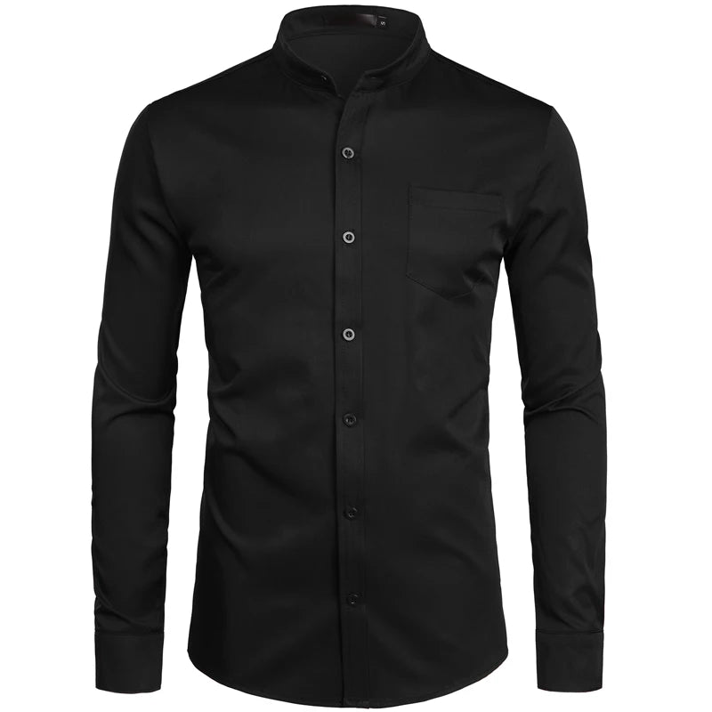 Men's Royal Blue Dress Shirts 2022 Brand Banded Mandarin Collar Shirt Male Long Sleeve Casual Button Down Shirt with Pocket 2XL