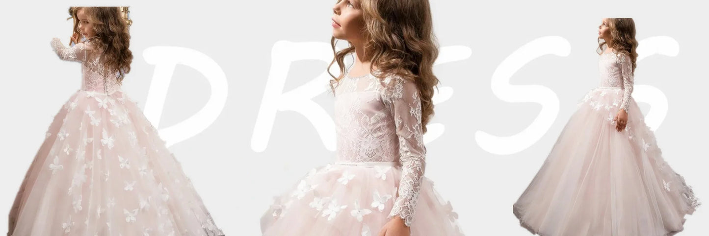 Flower Girl Dress For Wedding With Bow Lace Applique Tulle Puffy Shiny Kids Birthday Party First Communion Ball Gowns Customized