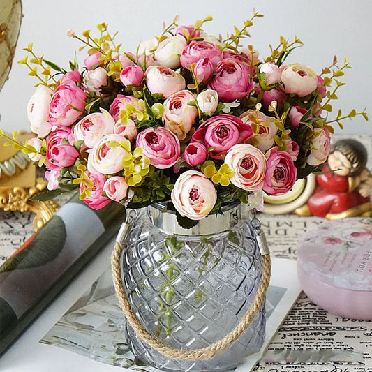 10 Heads Vintage Silk Flowers Retro Tea Roses Artificial Flowers Bride Bouquet for Wedding Decoration Home Fake Flowers A3050
