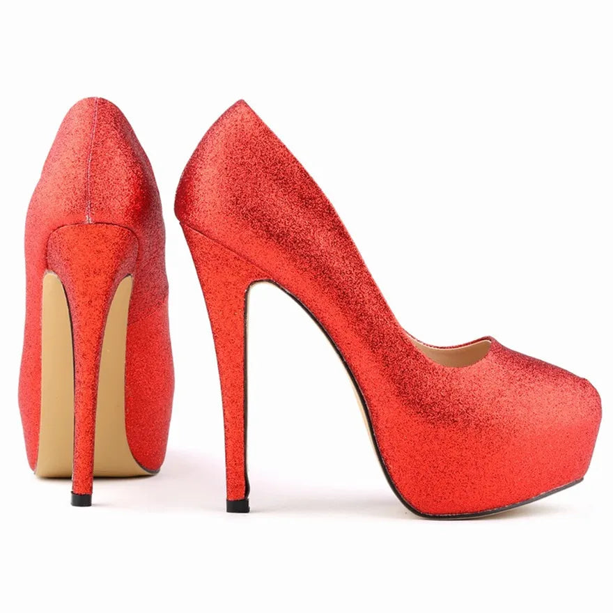 New Fashion High Platform Shallow Women Wedding Shoes Solid Sequined Cloth Round Toe Elegant High Heels Shoes Women's Size 35-42