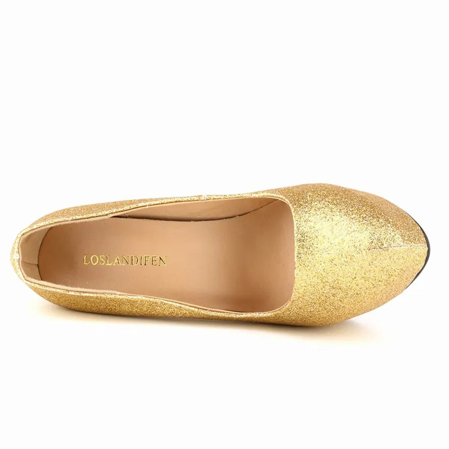 New Fashion High Platform Shallow Women Wedding Shoes Solid Sequined Cloth Round Toe Elegant High Heels Shoes Women's Size 35-42