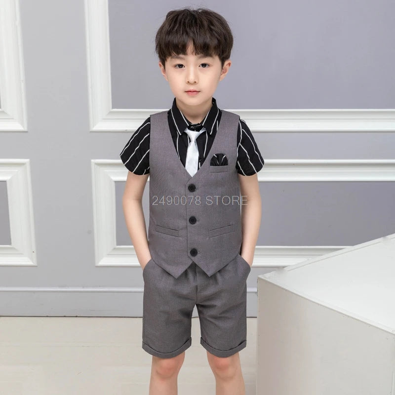 2021 Boys Formal Suits Summer Short Sleeve Blazer+Shorts 2pcs Children Kids Wedding Clothing Sets Prom Performance Costumes