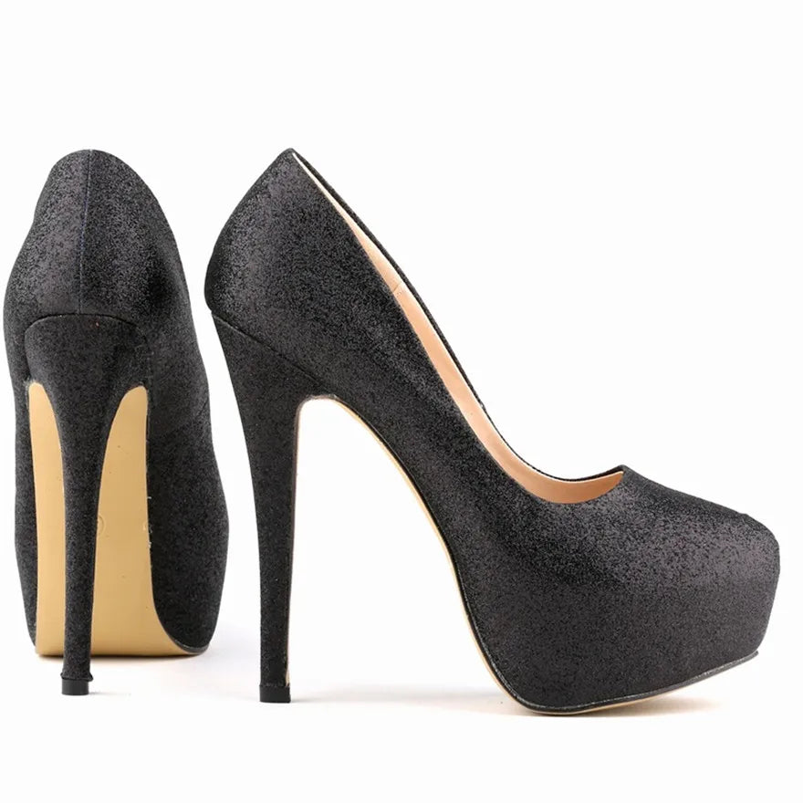 New Fashion High Platform Shallow Women Wedding Shoes Solid Sequined Cloth Round Toe Elegant High Heels Shoes Women's Size 35-42