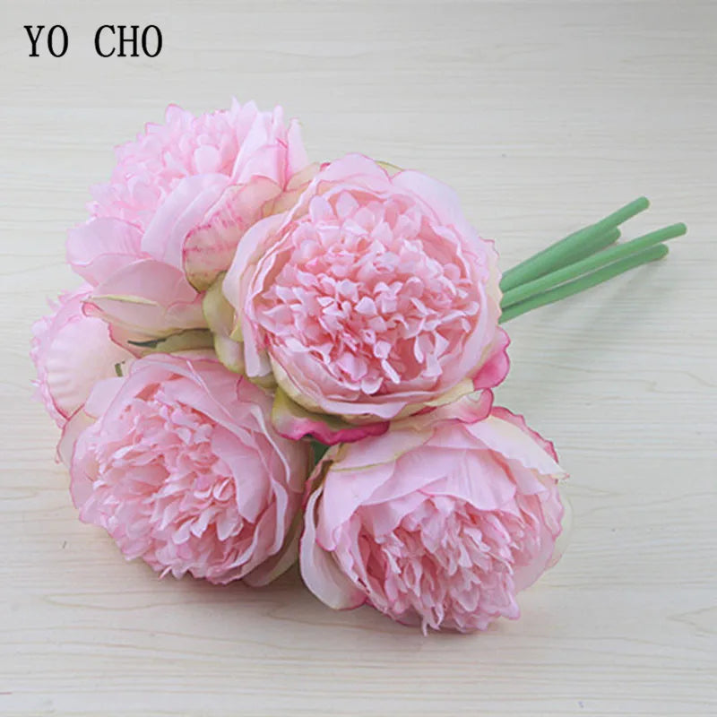 YO CHO 5pc Big Peony Artifcial Silk Flower Wedding Bouquet Decor White Peony Home Display Fake Flower Pack Heart Peony Pink Rose