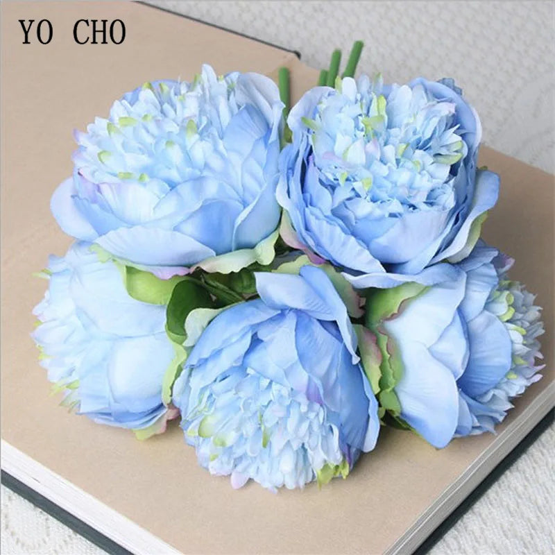 YO CHO 5pc Big Peony Artifcial Silk Flower Wedding Bouquet Decor White Peony Home Display Fake Flower Pack Heart Peony Pink Rose