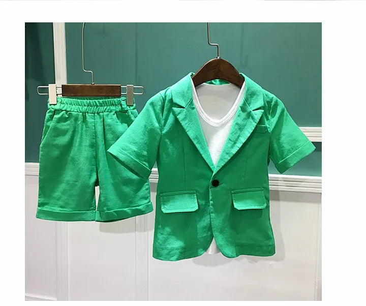 2021 Boys Formal Suits Summer Short Sleeve Blazer+Shorts 2pcs Children Kids Wedding Clothing Sets Prom Performance Costumes