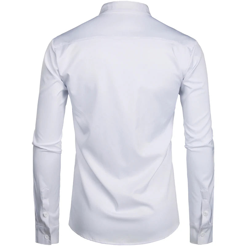 Men's Royal Blue Dress Shirts 2022 Brand Banded Mandarin Collar Shirt Male Long Sleeve Casual Button Down Shirt with Pocket 2XL
