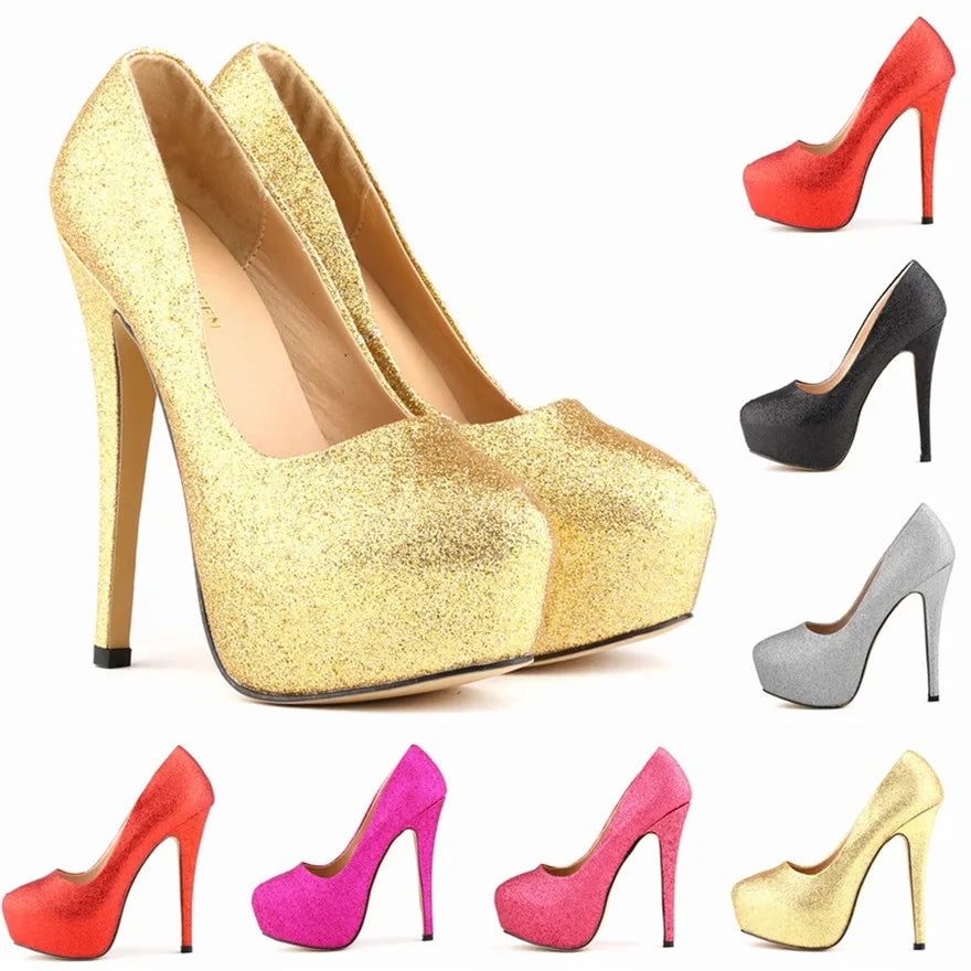 New Fashion High Platform Shallow Women Wedding Shoes Solid Sequined Cloth Round Toe Elegant High Heels Shoes Women's Size 35-42