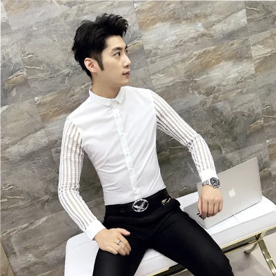 Men Shirt 2024 Spring Hollow Lace Patchwork Long Sleeve Shirt Men Streetwear Mens Shirts Casual Slim Fit Night Club Dress Tuxedo