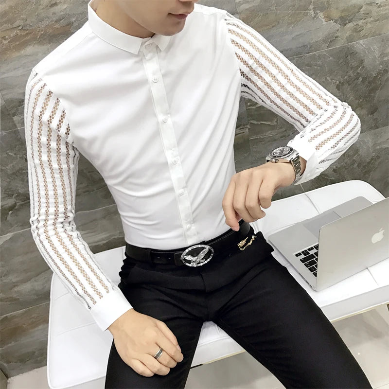 Men Shirt 2024 Spring Hollow Lace Patchwork Long Sleeve Shirt Men Streetwear Mens Shirts Casual Slim Fit Night Club Dress Tuxedo