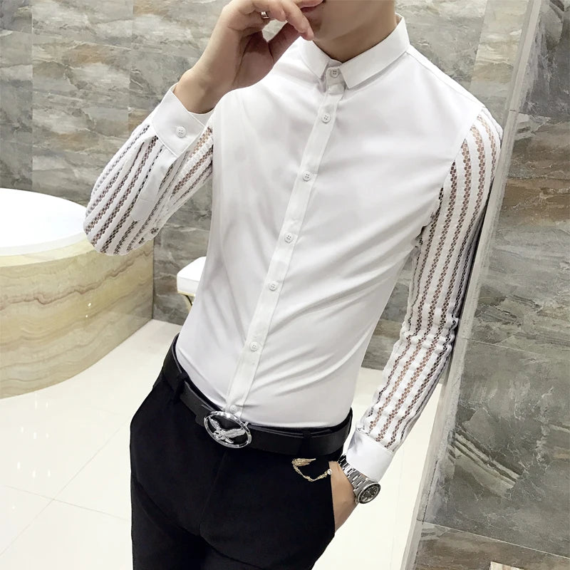 Men Shirt 2024 Spring Hollow Lace Patchwork Long Sleeve Shirt Men Streetwear Mens Shirts Casual Slim Fit Night Club Dress Tuxedo