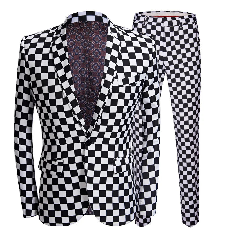 SHENRUN Fashion Suit Men Black White Plaid Print 2 Pieces Set Latest Coat Pant Designs Wedding Stage Singer Slim Fit Costume