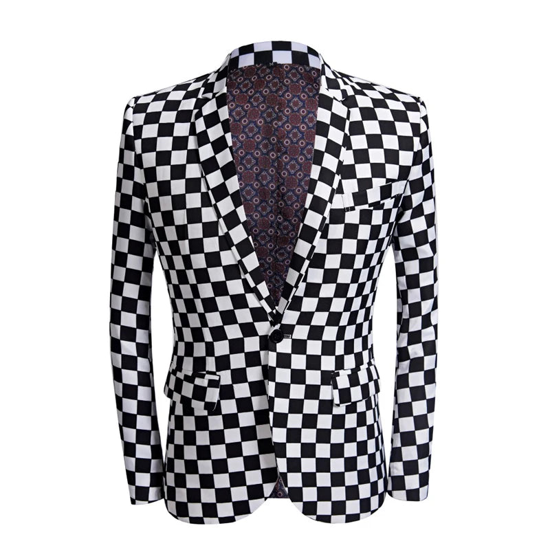 SHENRUN Fashion Suit Men Black White Plaid Print 2 Pieces Set Latest Coat Pant Designs Wedding Stage Singer Slim Fit Costume