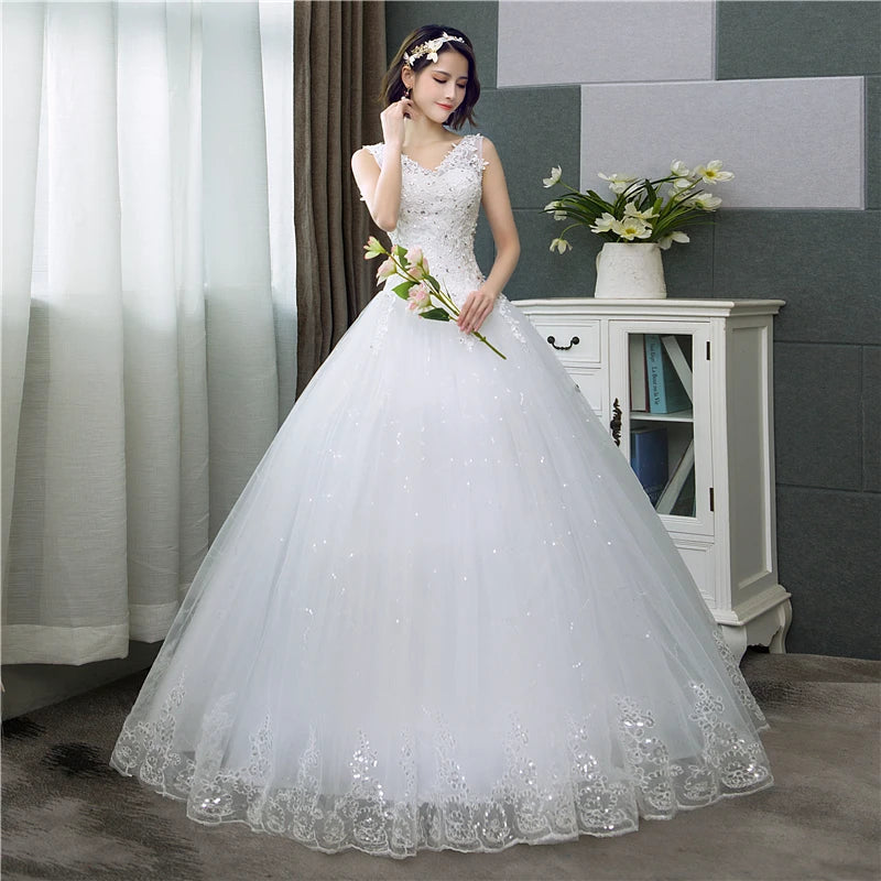 Cheap Korean Style V-Neck Lace Tank Sleeveless Floral Print Ball Gown Ivory Wedding Dress 2023 New Simple estidos de noivas