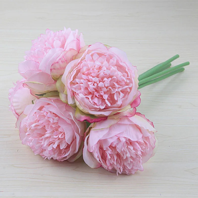 YO CHO 5pc Big Peony Artifcial Silk Flower Wedding Bouquet Decor White Peony Home Display Fake Flower Pack Heart Peony Pink Rose