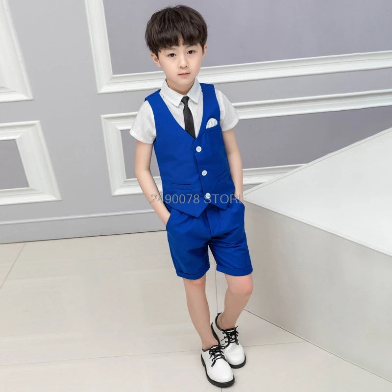 2021 Boys Formal Suits Summer Short Sleeve Blazer+Shorts 2pcs Children Kids Wedding Clothing Sets Prom Performance Costumes