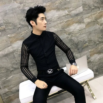 Men Shirt 2024 Spring Hollow Lace Patchwork Long Sleeve Shirt Men Streetwear Mens Shirts Casual Slim Fit Night Club Dress Tuxedo