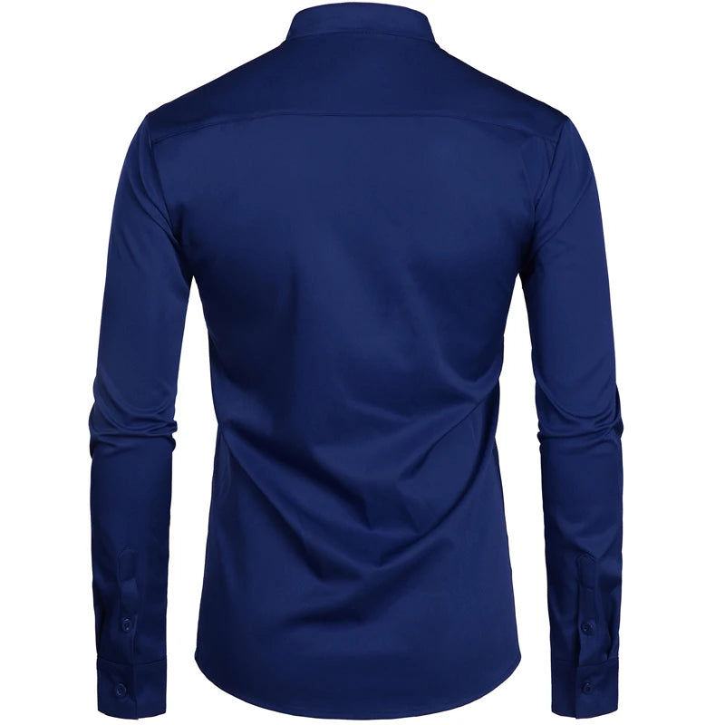 Men's Royal Blue Dress Shirts 2022 Brand Banded Mandarin Collar Shirt Male Long Sleeve Casual Button Down Shirt with Pocket 2XL