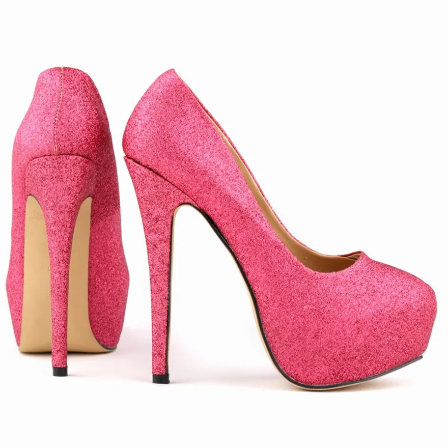 New Fashion High Platform Shallow Women Wedding Shoes Solid Sequined Cloth Round Toe Elegant High Heels Shoes Women's Size 35-42