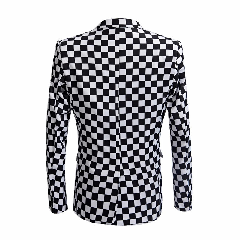 SHENRUN Fashion Suit Men Black White Plaid Print 2 Pieces Set Latest Coat Pant Designs Wedding Stage Singer Slim Fit Costume