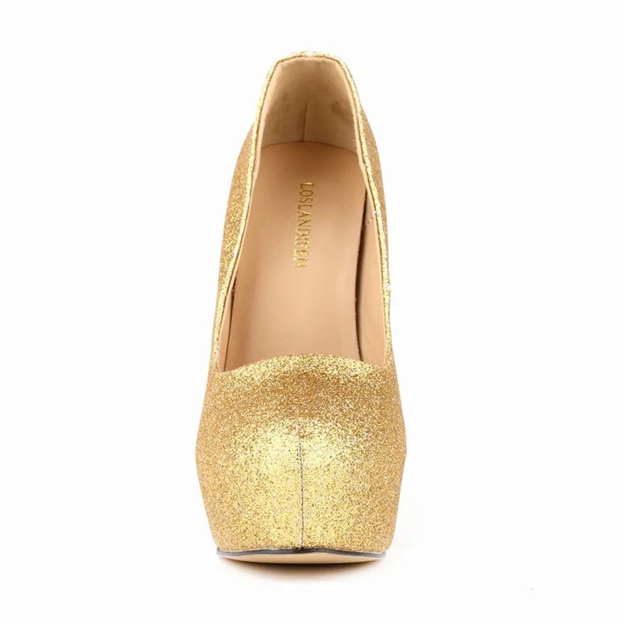 New Fashion High Platform Shallow Women Wedding Shoes Solid Sequined Cloth Round Toe Elegant High Heels Shoes Women's Size 35-42