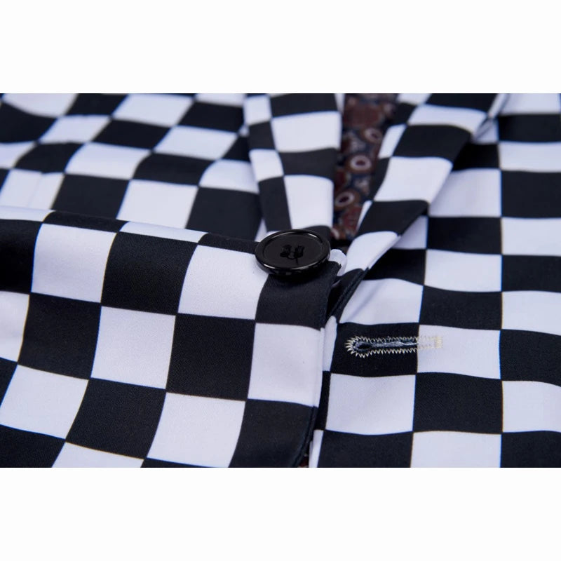 SHENRUN Fashion Suit Men Black White Plaid Print 2 Pieces Set Latest Coat Pant Designs Wedding Stage Singer Slim Fit Costume